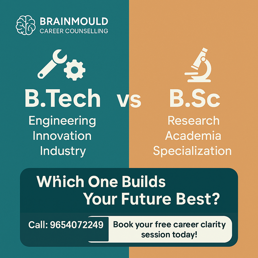 Visual comparison of B.Tech vs B.Sc career paths by Brainmould Career Counselling, highlighting engineering and research options for students after Class 12, with contact details and a call to action for free guidance