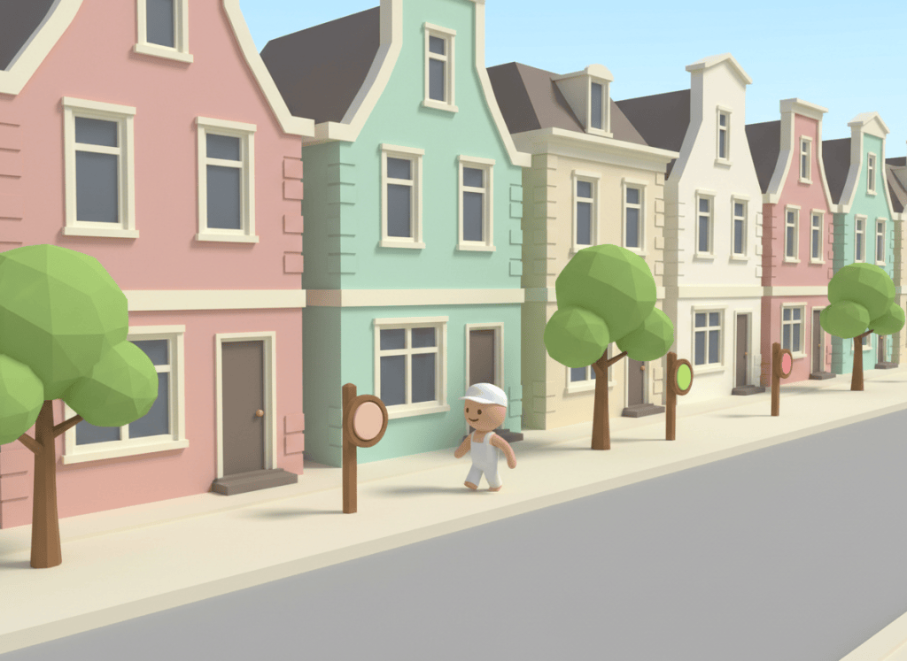 Spelwereld van Brainmould: een straat met huizen en genummerde paaltjes waar een poppetje langs loopt